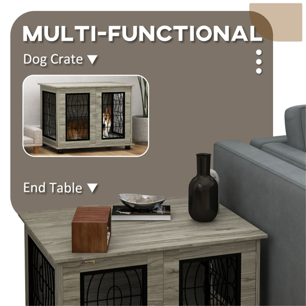 Grey Wood-Effect Dog Crate Side Table with Cushion