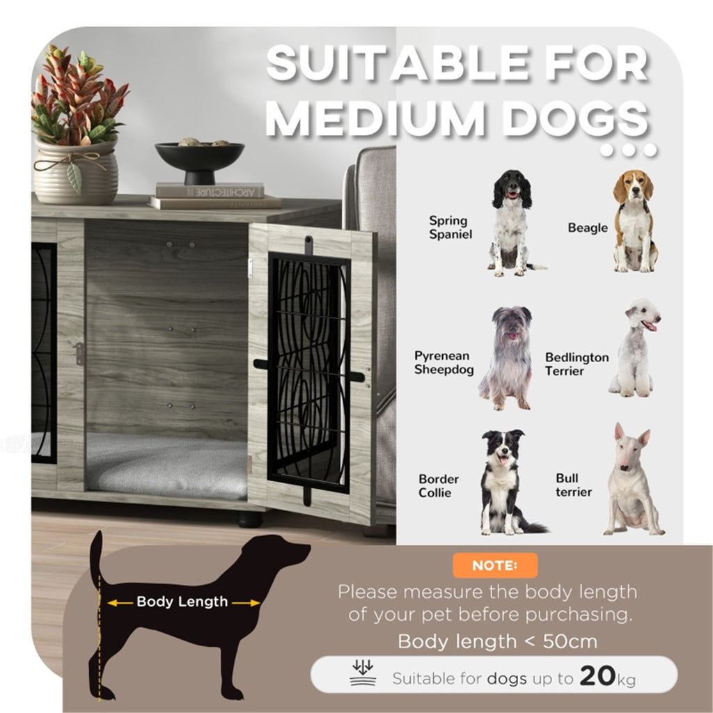 Grey Wood-Effect Dog Crate Side Table with Cushion