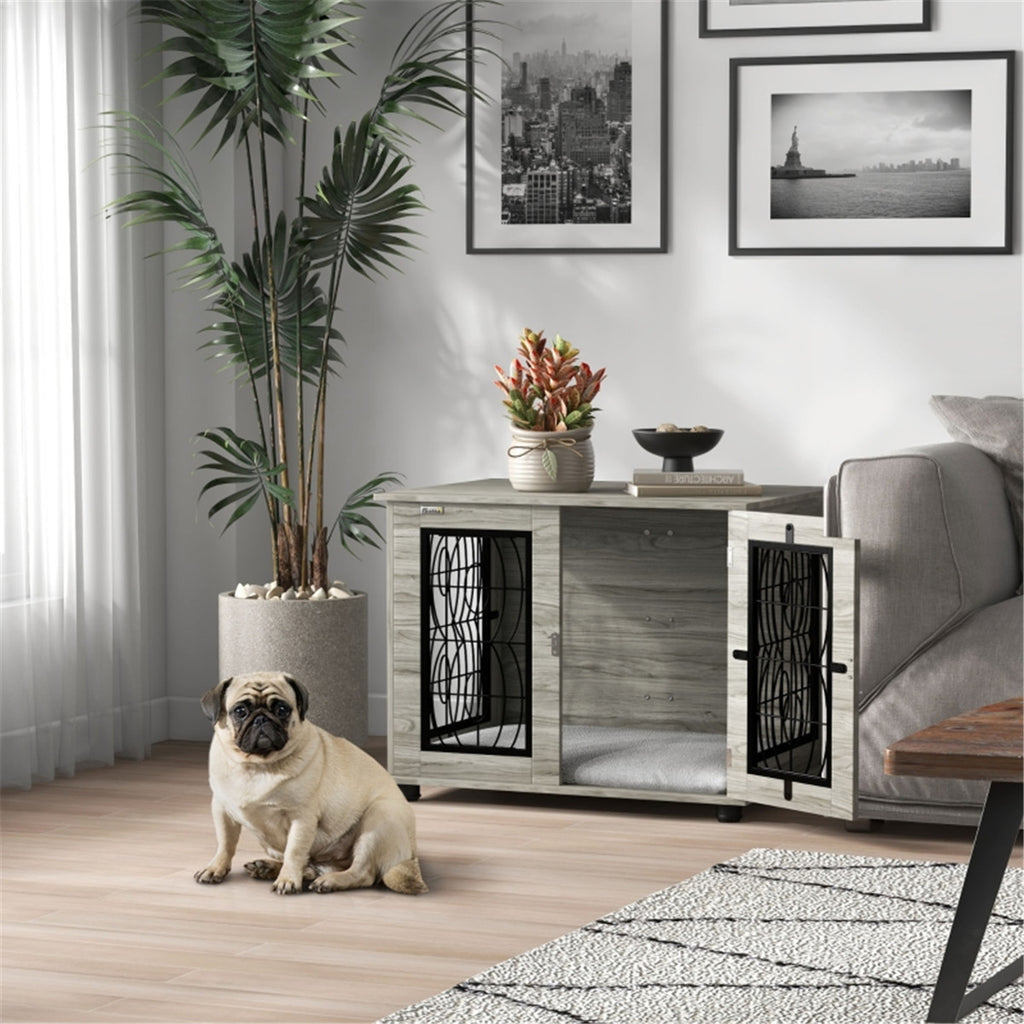 Grey Wood-Effect Dog Crate Side Table with Cushion