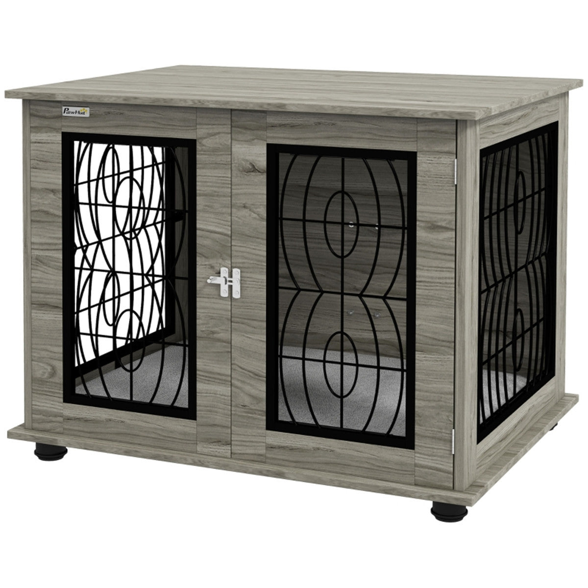 Grey Wood-Effect Dog Crate Side Table with Cushion
