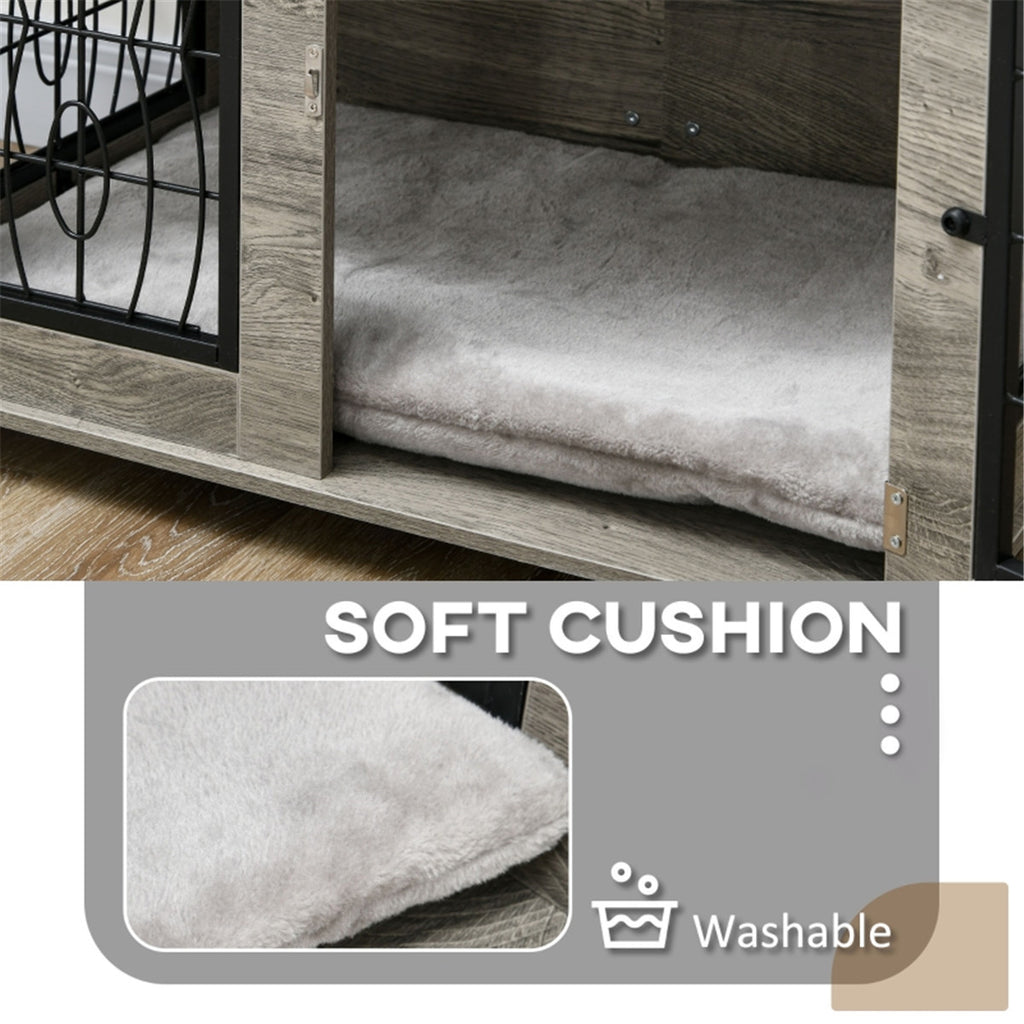 Grey Wood-Effect Dog Crate Side Table with Cushion