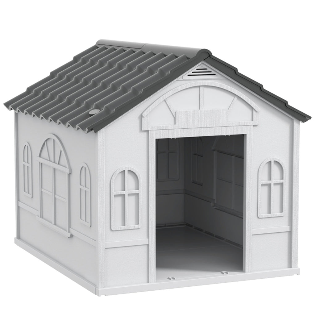 Water-Resistant Plastic Dog Kennel – Grey & White