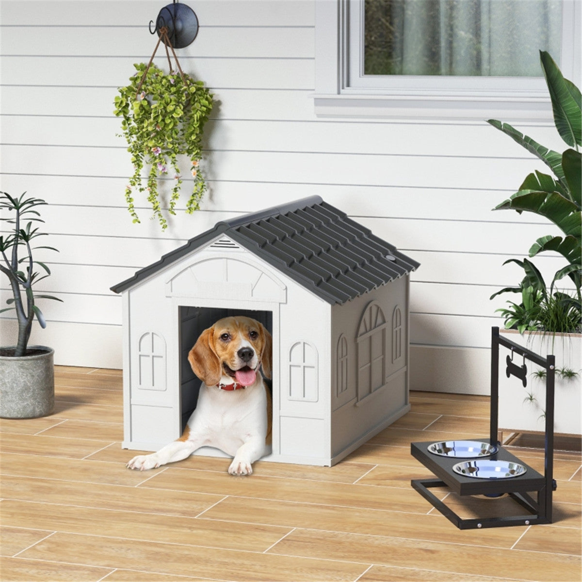 Water-Resistant Plastic Dog Kennel – Grey & White