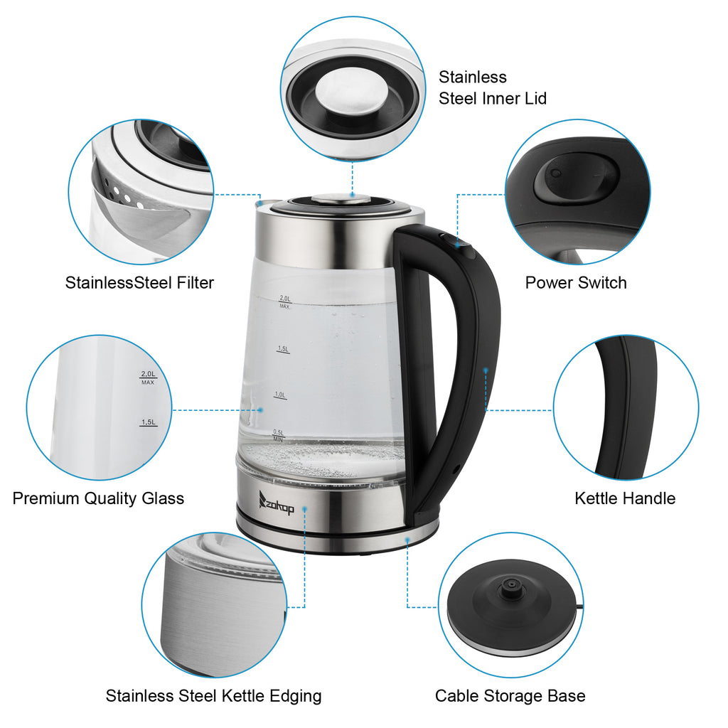 Old Code：42128382ZOKOP HD-250 220V 2000W 2L Blue Glass Electric Kettle