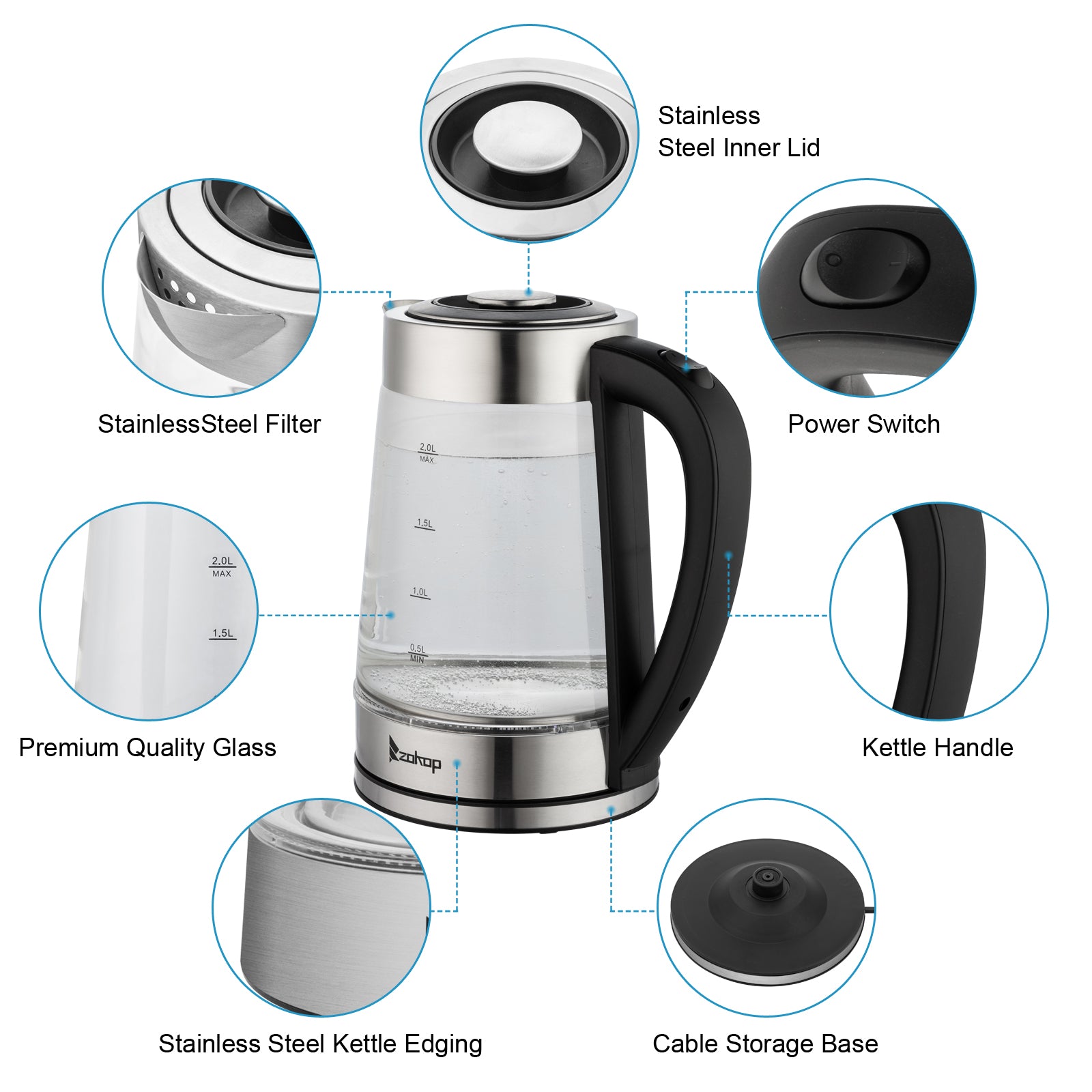 Old Code：42128382ZOKOP HD-250 220V 2000W 2L Blue Glass Electric Kettle