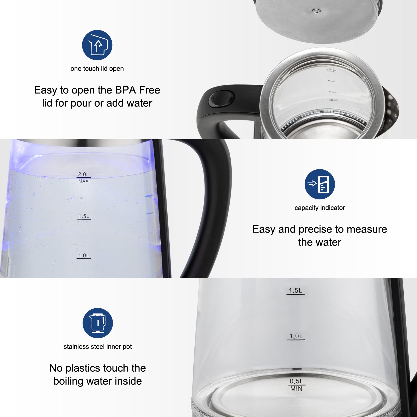 Old Code：42128382ZOKOP HD-250 220V 2000W 2L Blue Glass Electric Kettle