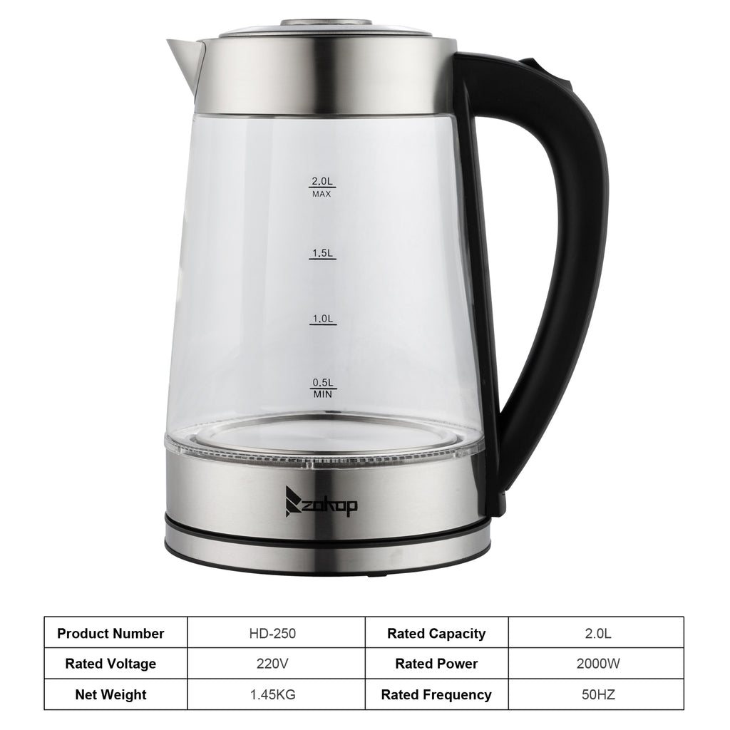 Old Code：42128382ZOKOP HD-250 220V 2000W 2L Blue Glass Electric Kettle