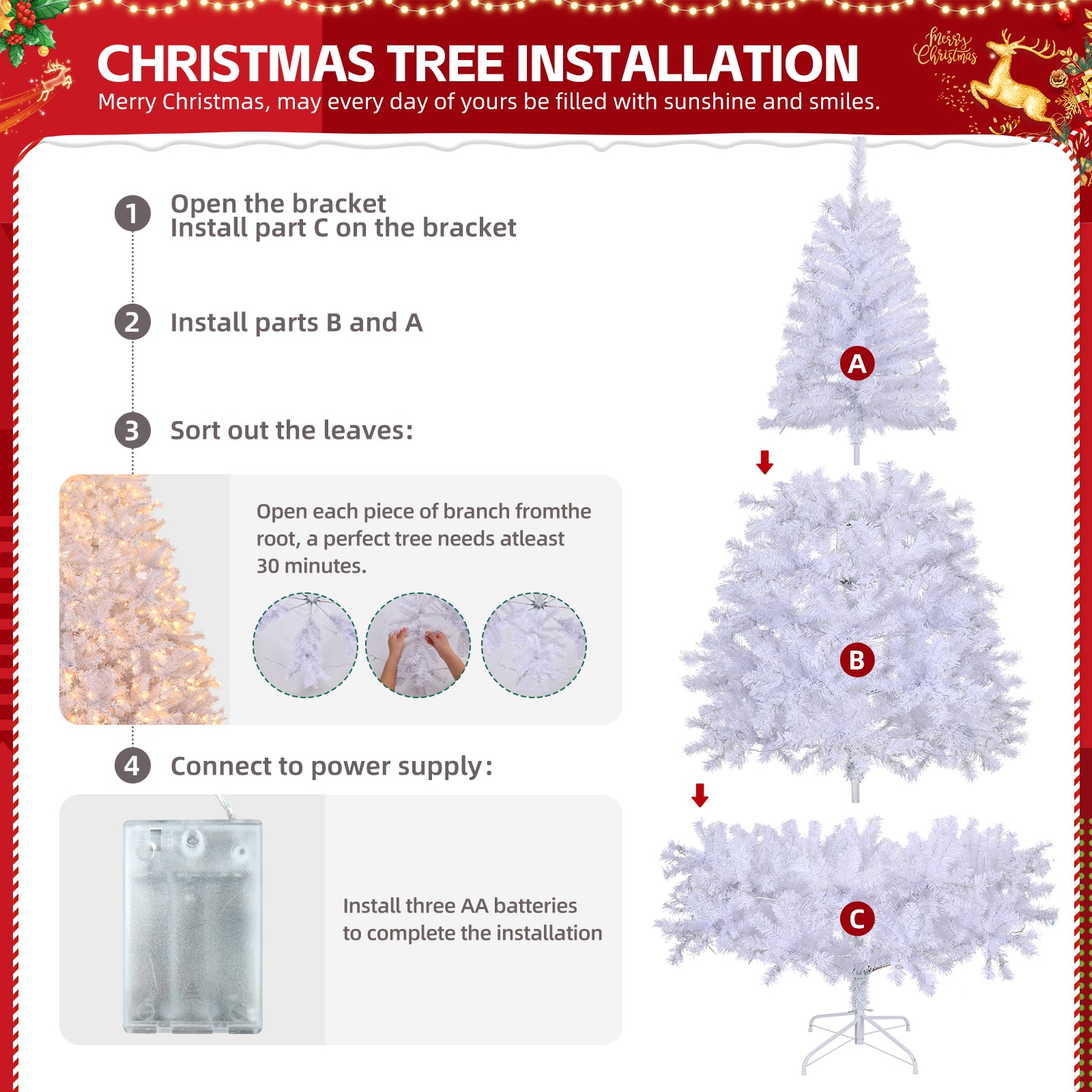 6 FT Artificial Christmas Tree with DIY 100 Warm Lights Battery Operated, 800 Branch Tips and Sturdy Metal Stand, White