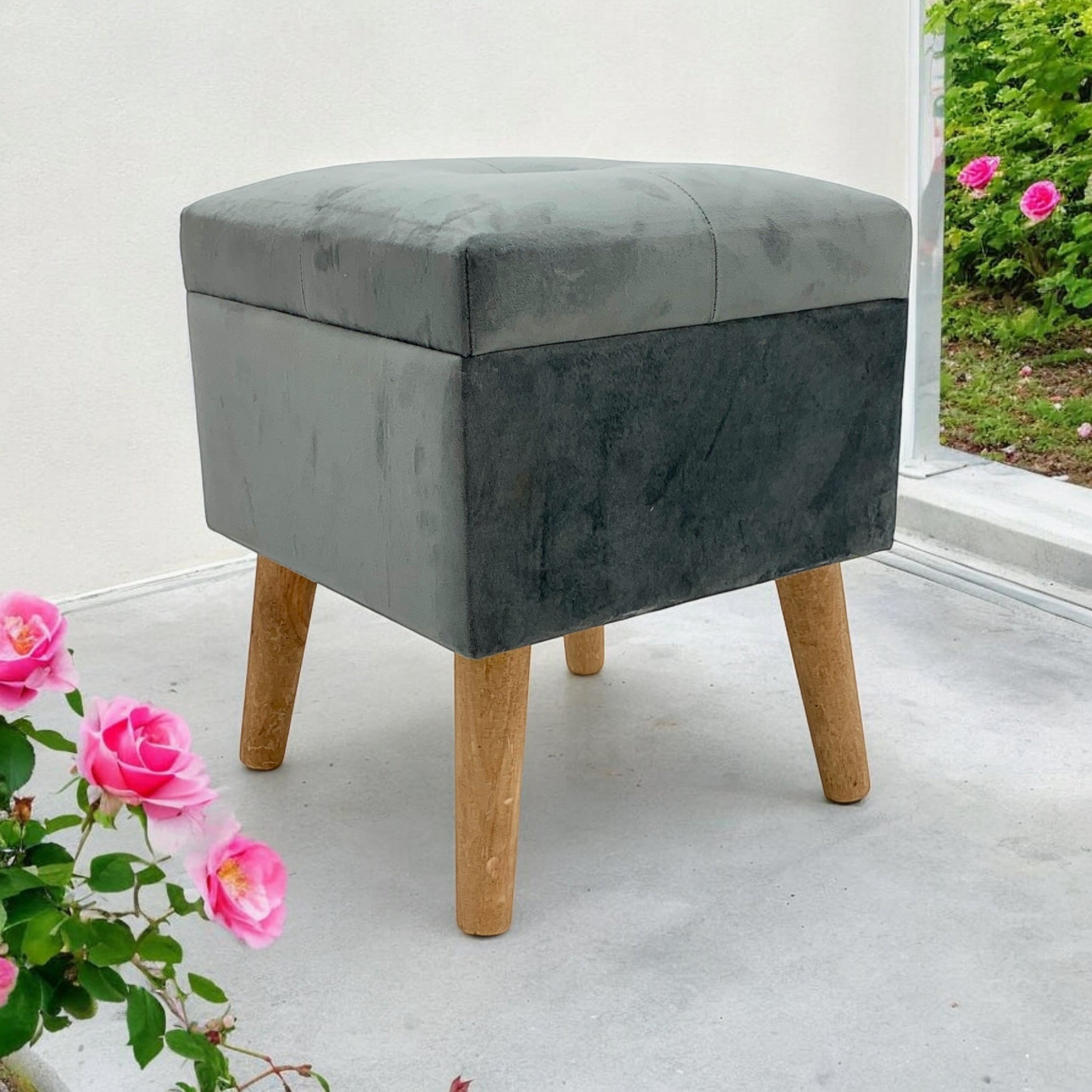 AcaciaHome Living Velvet Ottoman Footstool with Lift-Up Storage (Grey, Square)
