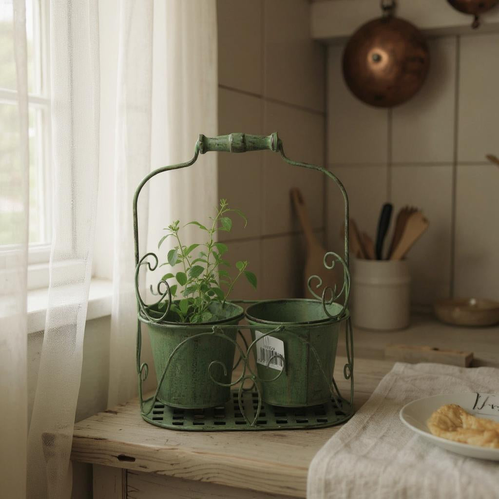 AcaciaHome Stylish Medium-Sized Double Plant Pot Basket Holder Metal Display Rack (Green)