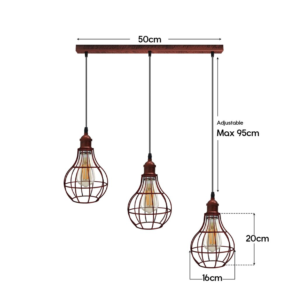 Vintage Rustic Red 3 Head Reactangle Base Pendant Light Cord Light E27 Base