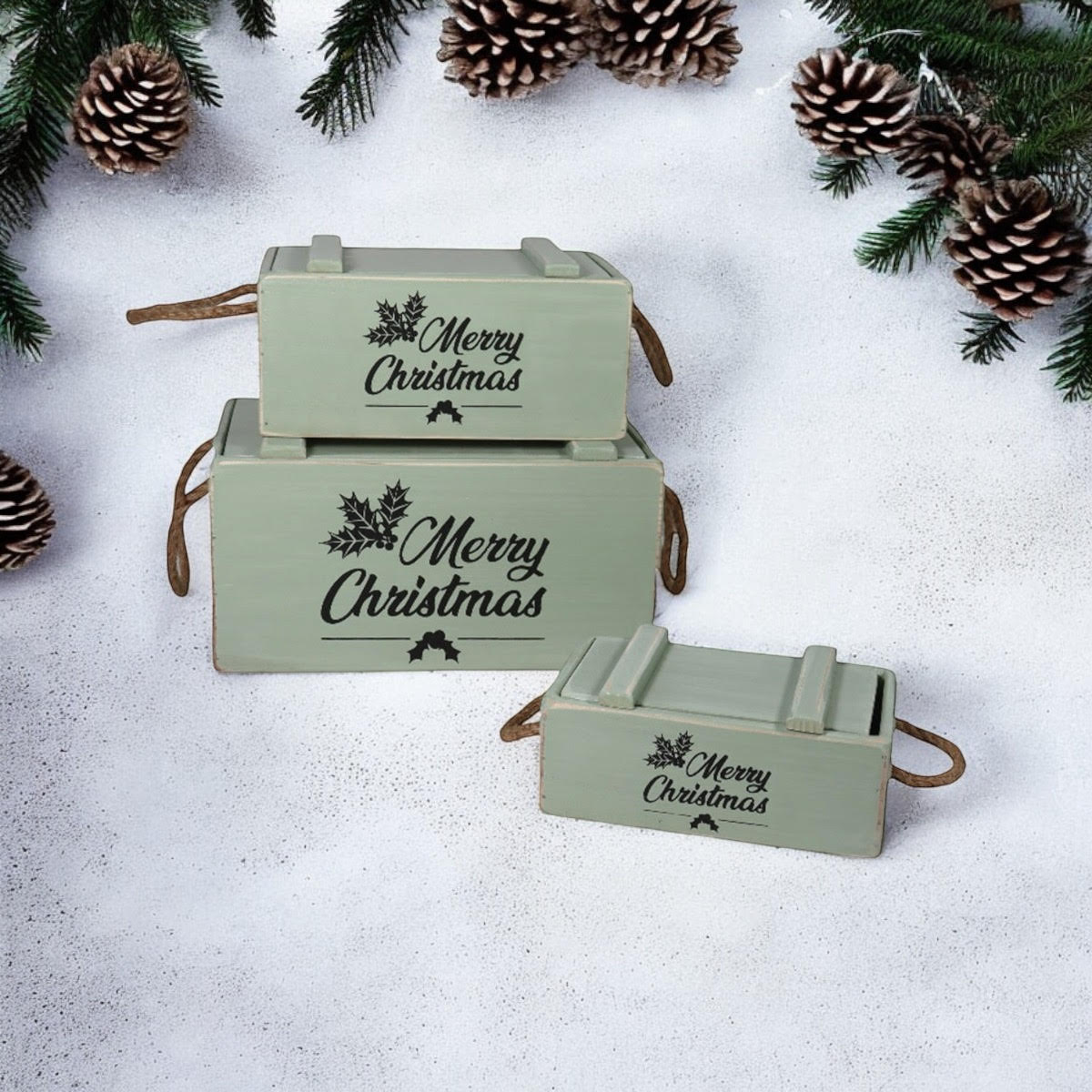 AcaciaHome Stylish and Vintage Wooden Merry Christmas Storage Crate Set (Green)