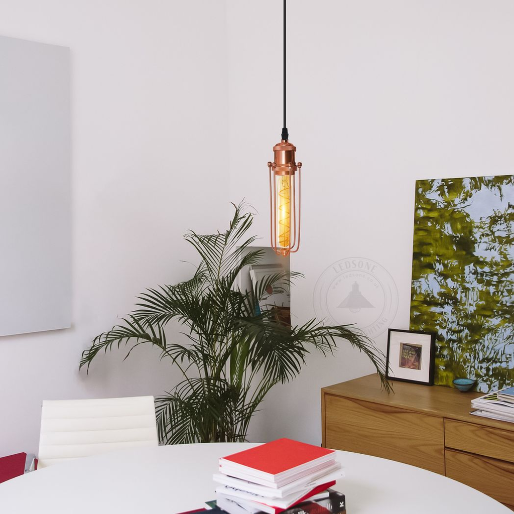 Single Rose Gold Ceiling E27 Pendant Light with Wire Cage