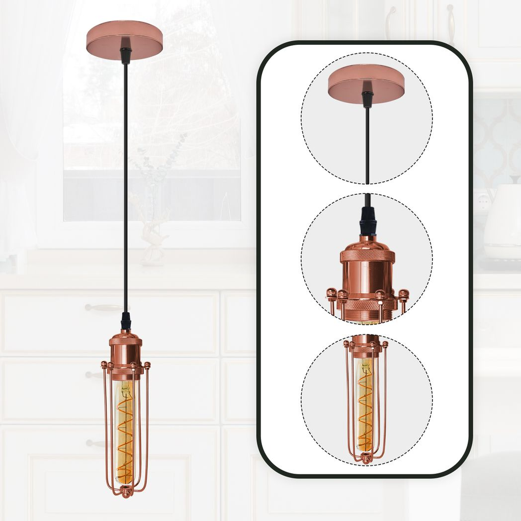 Single Rose Gold Ceiling E27 Pendant Light with Wire Cage