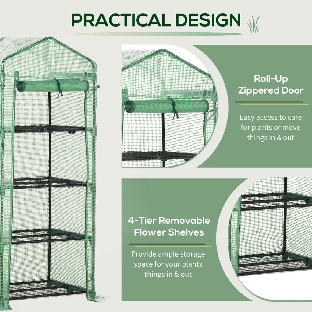 4-Tier Mini Greenhouse with Dark Green PE Cover – 160cm