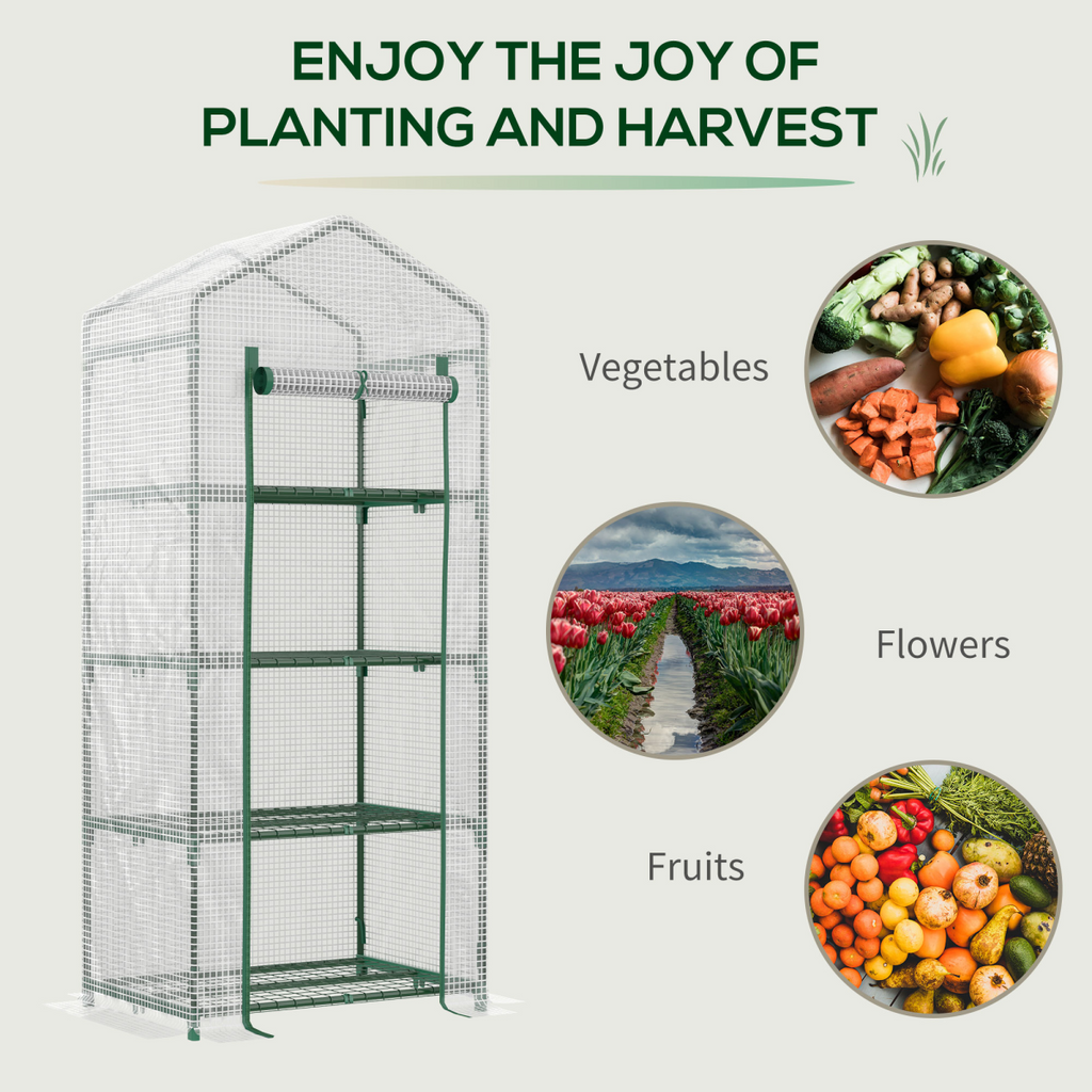 4-Tier Mini Greenhouse with Green & White PE Cover – 160cm