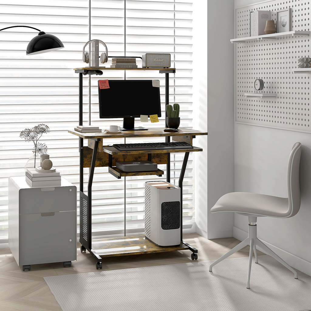 HOMCOM Rolling Computer Desk with Keyboard Tray Storage Shelves Rustic Brown