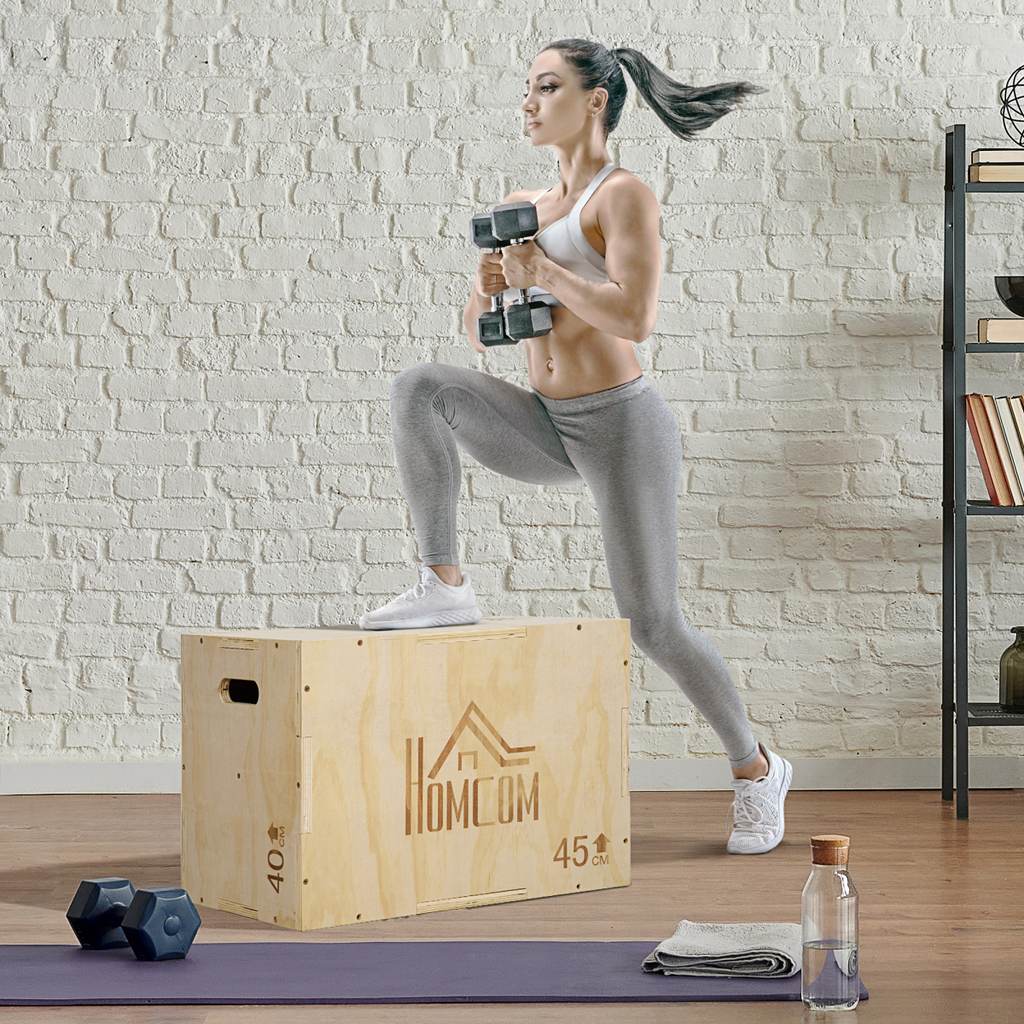 HOMCOM 3-in-1 Wooden Plyo Box for Home Gym, Workout Training, Natural