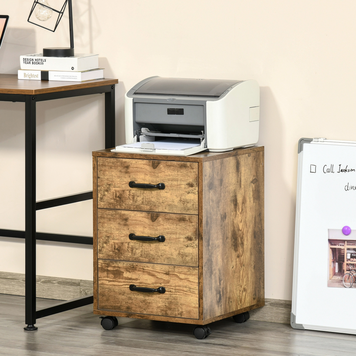 Rolling File Cabinet with 3 Drawers, Under Desk Mobile Filing Organizer HOMCOM