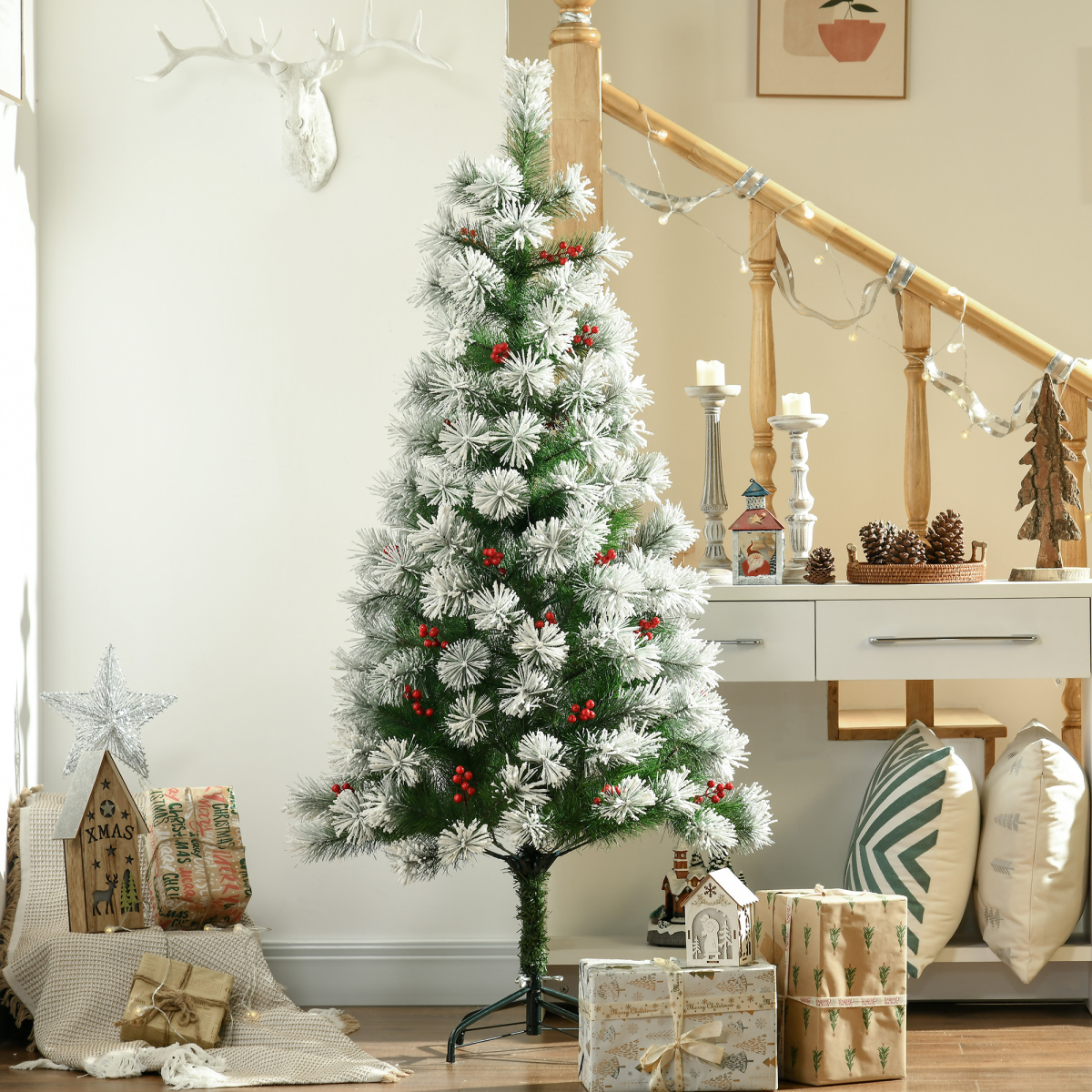 5ft Indoor Christmas Tree Artificial Berry Xmas Deco Metal Stand and 184 Tips