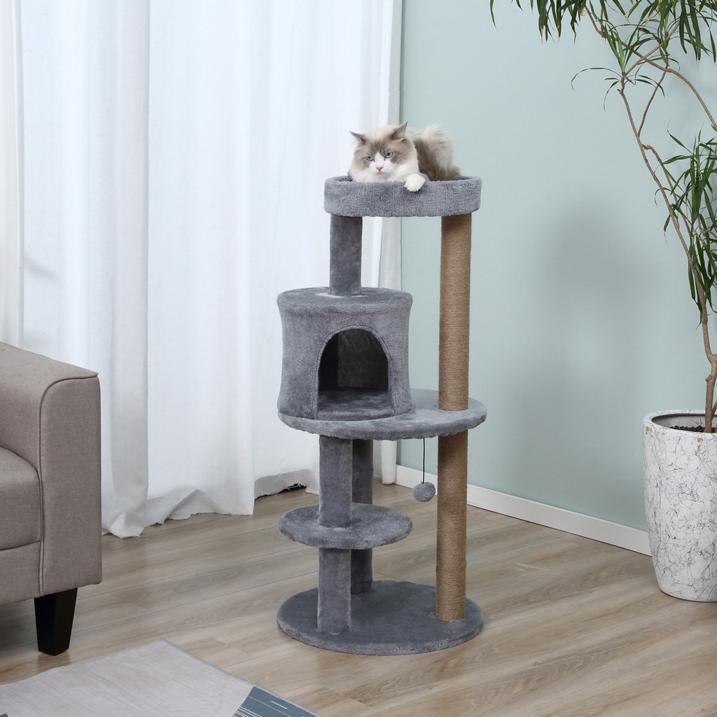 104cm Deluxe Cat Activity Tree w/ Scratching Posts Ear Perch House - Grey