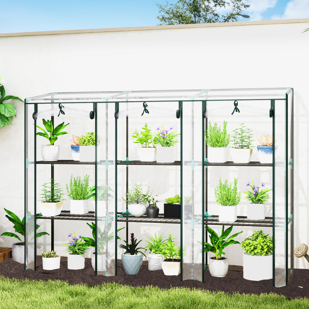 Outsunny 3 Tier Lean-to Mini Greenhouse with Plastic Cover, Clear