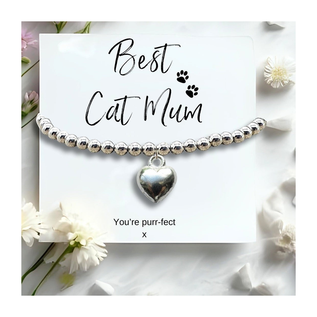 Best Cat Mum Mini Gift Hamper Silver Heart Bracelet