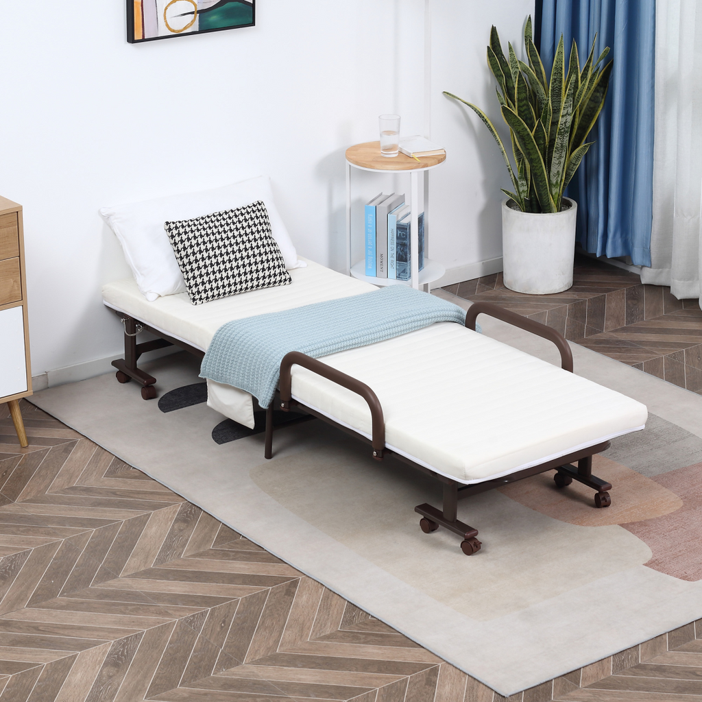 Folding Bed with Mattress & Wheels, Adjustable Backrest, Brown
