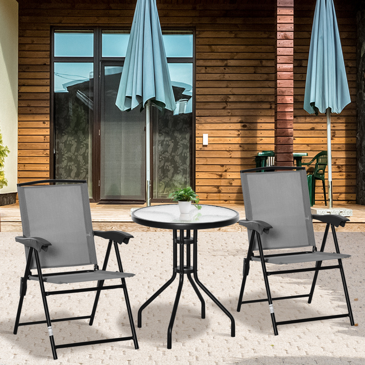 Patio Bistro Set Folding Chairs Garden Coffee Table for Balcony Grey Outsunny