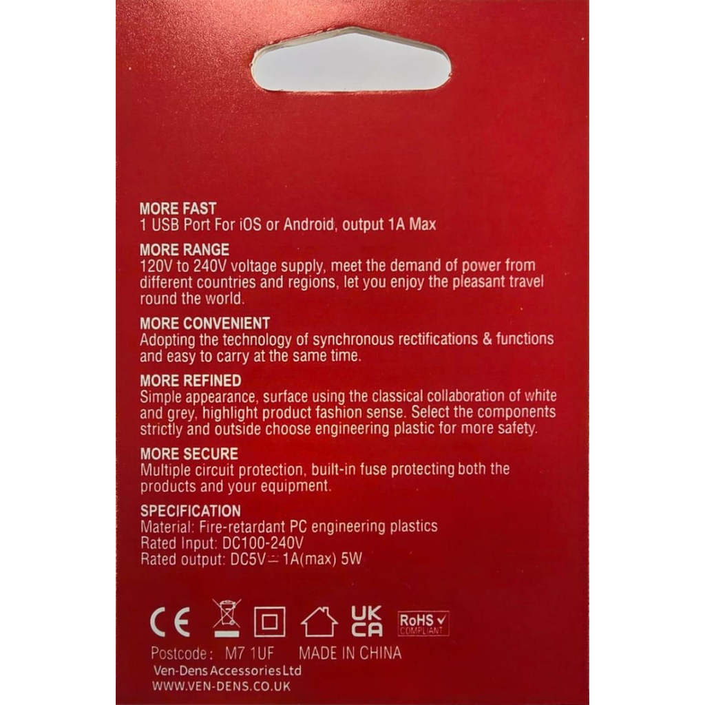 Ven-Dens USB Charger 1AMP