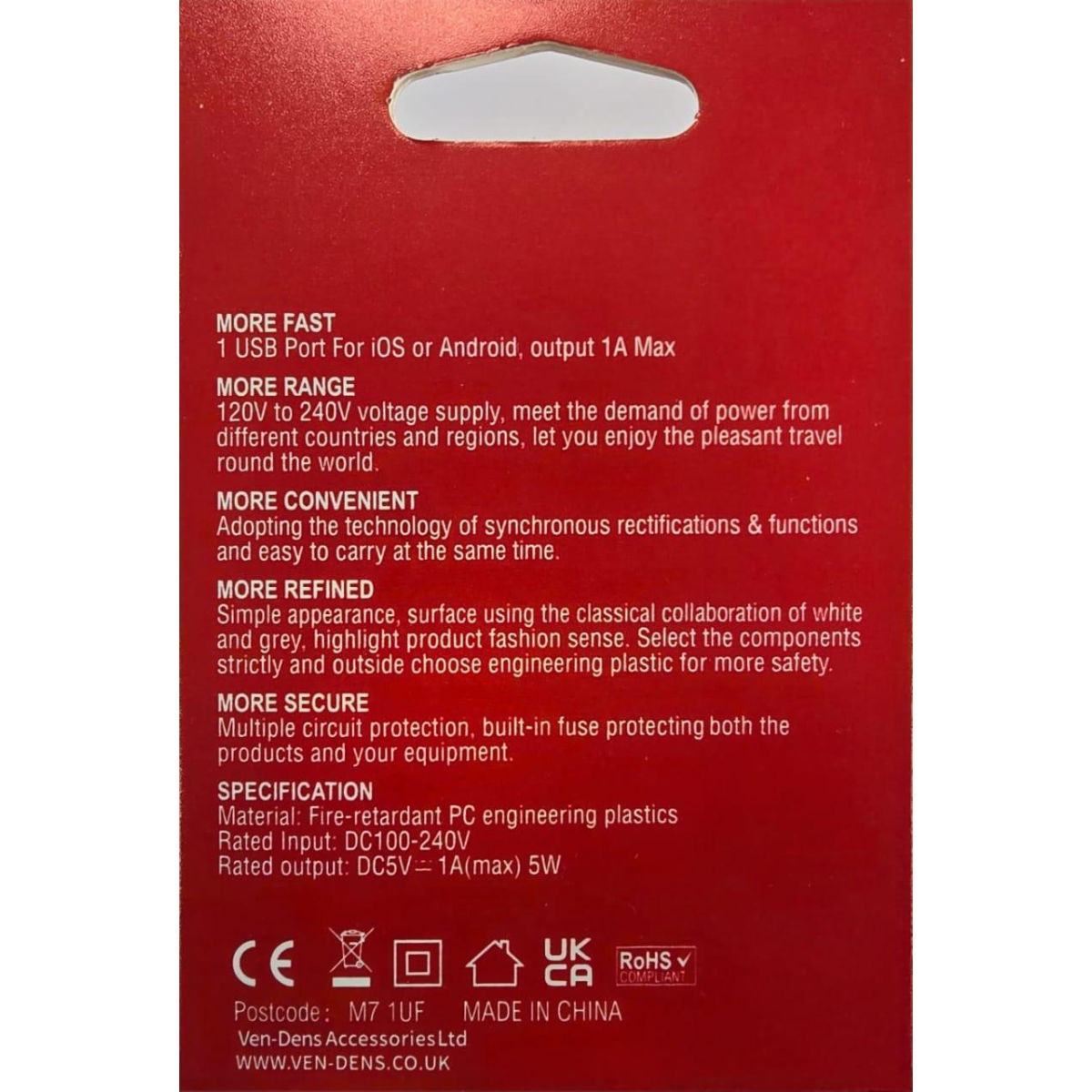 Ven-Dens USB Charger 1AMP