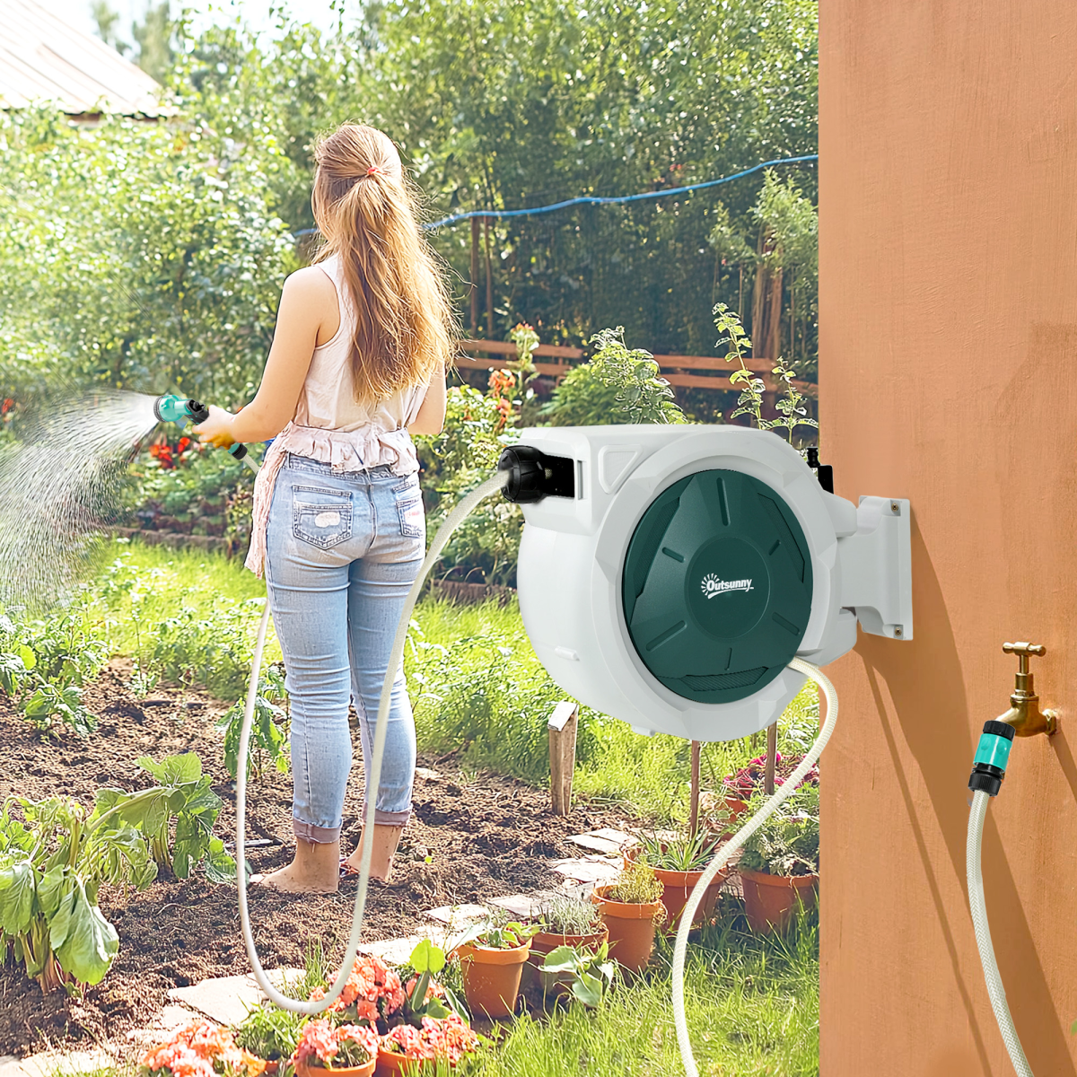 Outsunny Retractable Hose Reel Wall Mounted with Lock, Light Grey