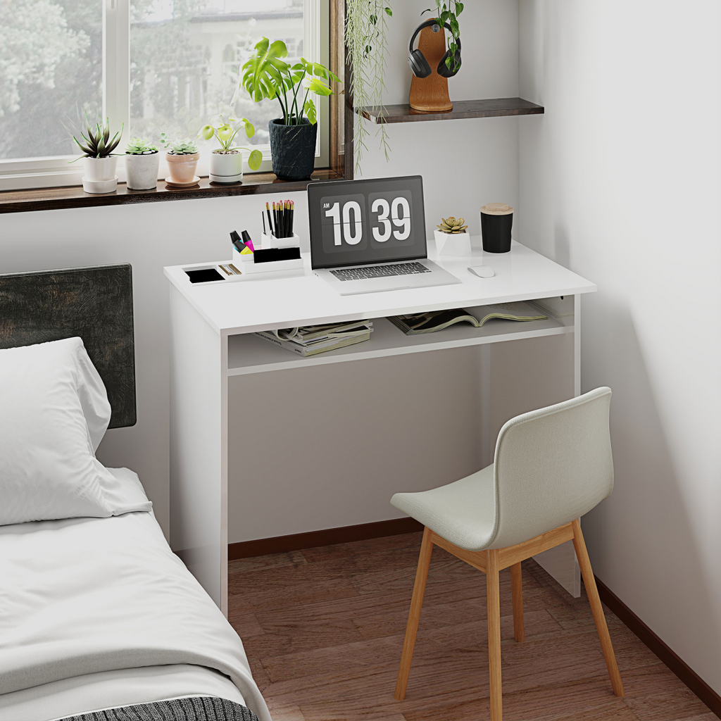 HOMCOM Computer Desk Writing Table Study Workstation Storage High Gloss White
