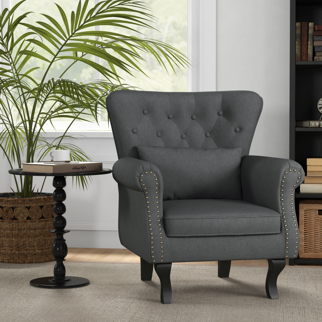 HOMCOM Vintage Armchair Wingback Accent Chair with Naihead Trim Dark Grey