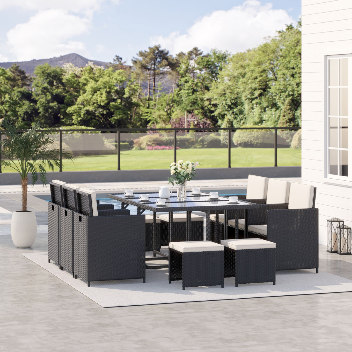 Rattan Dining Set, 11 PC-Black