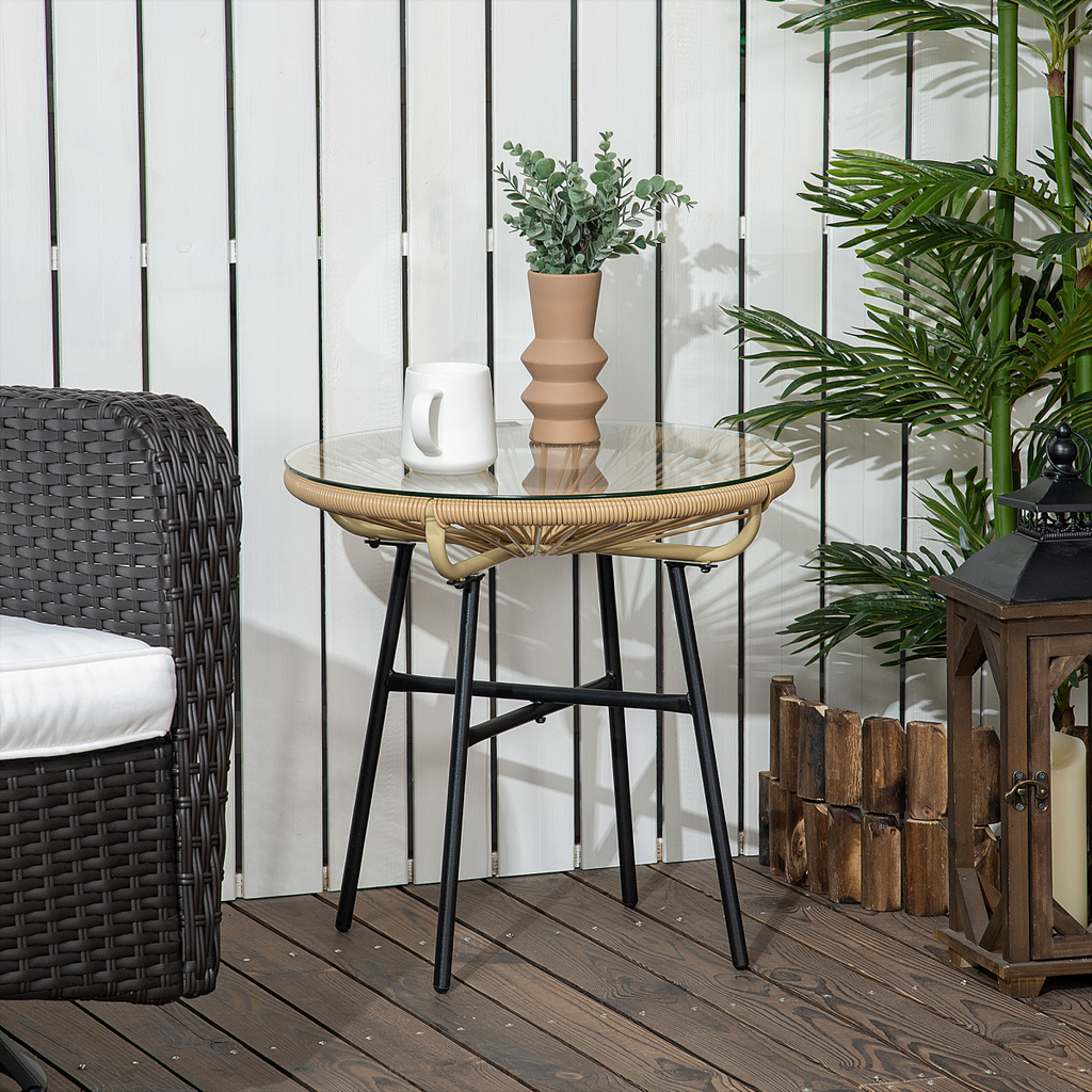 Rattan Side Table with Round PE Rattan and Tempered Glass Table Top