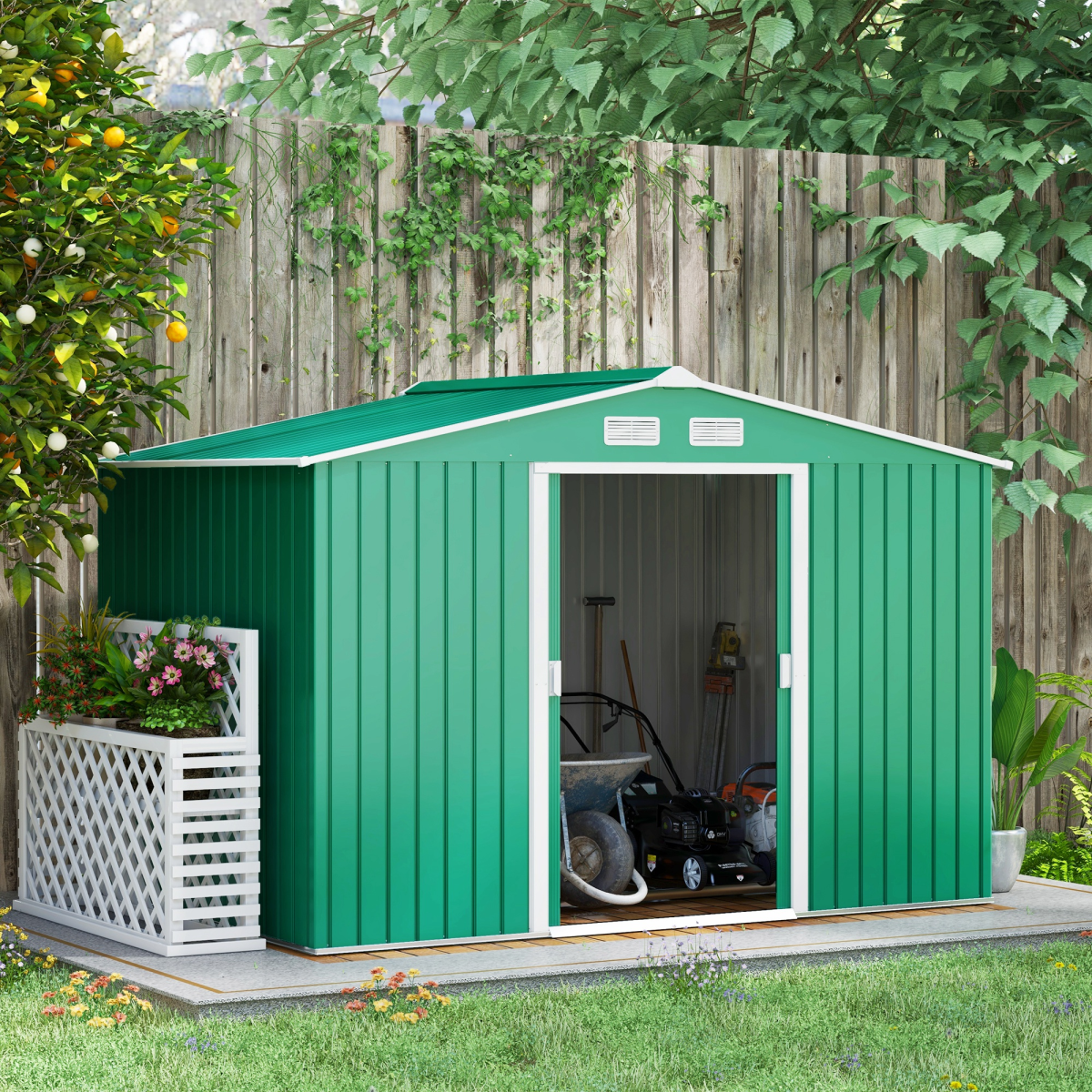 Metal 9x6 ft Garden Shed Storage Door Roof Building Container-Green