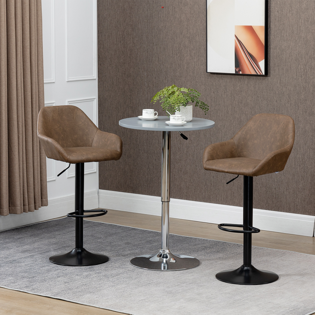 Set of 2, Swivel Barstools Footrest Backrest, PU Leather and Steel Brown