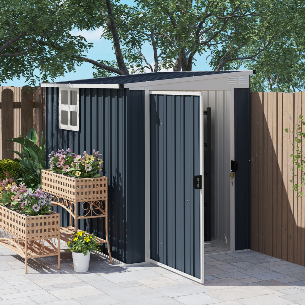 Outsunny 4 x 6ft Outdoor Garden Storage Shed with Window, Dark Grey