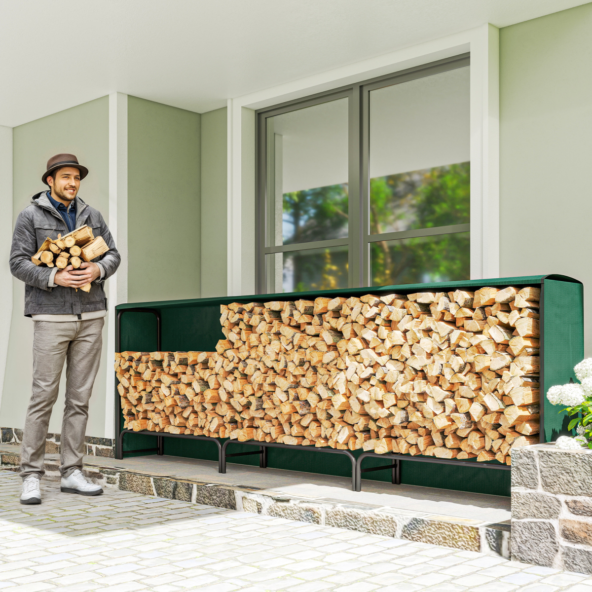 Outsunny Metal Firewood Rack, Log Holder, 300 x 36 x 99 cm, Dark Green