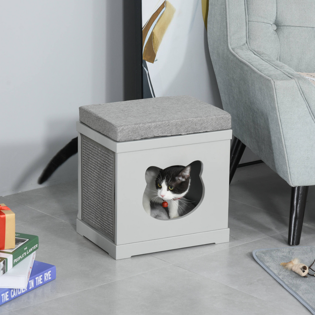 Cat House Bed Kitten Cave Cube Indoor w/ Soft Cushion Sisal Scratching Pad, Grey