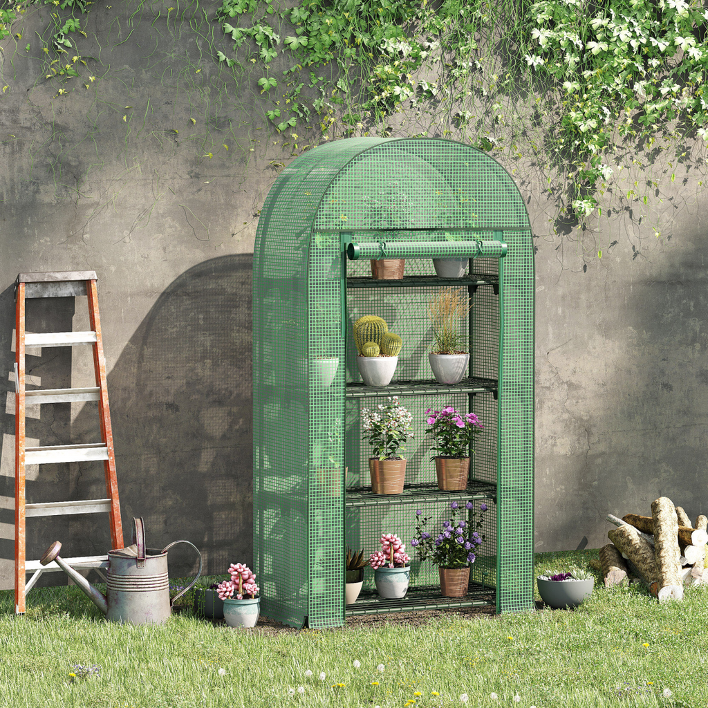 80x49x160cm Mini Greenhouse with Storage Shelf, Roll-Up ZipDoorPE Cover, Green