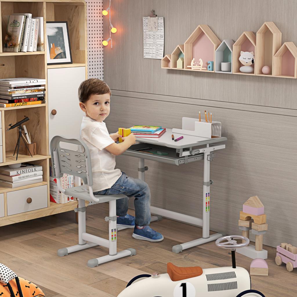 Kids Desk and Chair Set Adjustable Tiltable w/ Drawer, Pen Slot, Hook