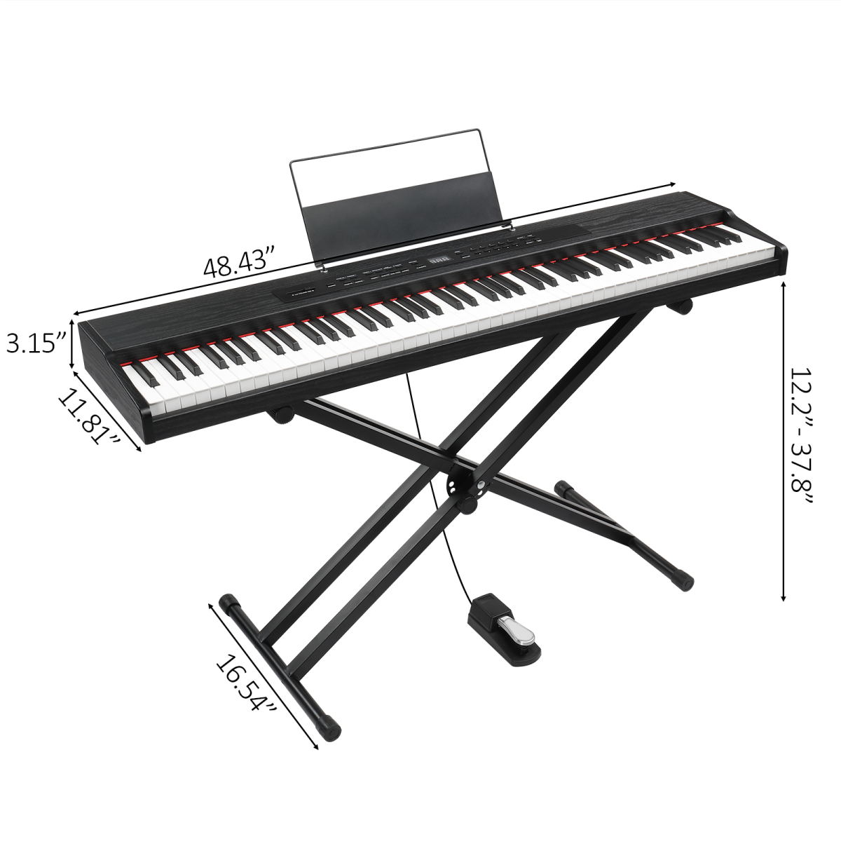 GPPD01-203 88 Key Semi-Weighted Standard Keyboards Digital Piano with Metal Stand, MIDI Bluetooth, Triple Pedals, Headphone and Other accessories for Piano beginner Black color