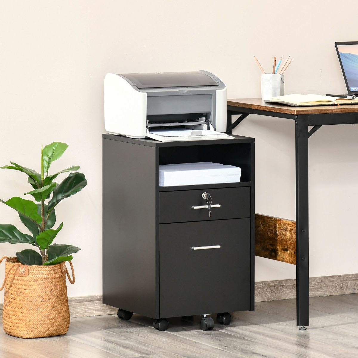 Mobile File Cabinet Lockable Documents Storage w/ 5 Wheels Black Vinsetto