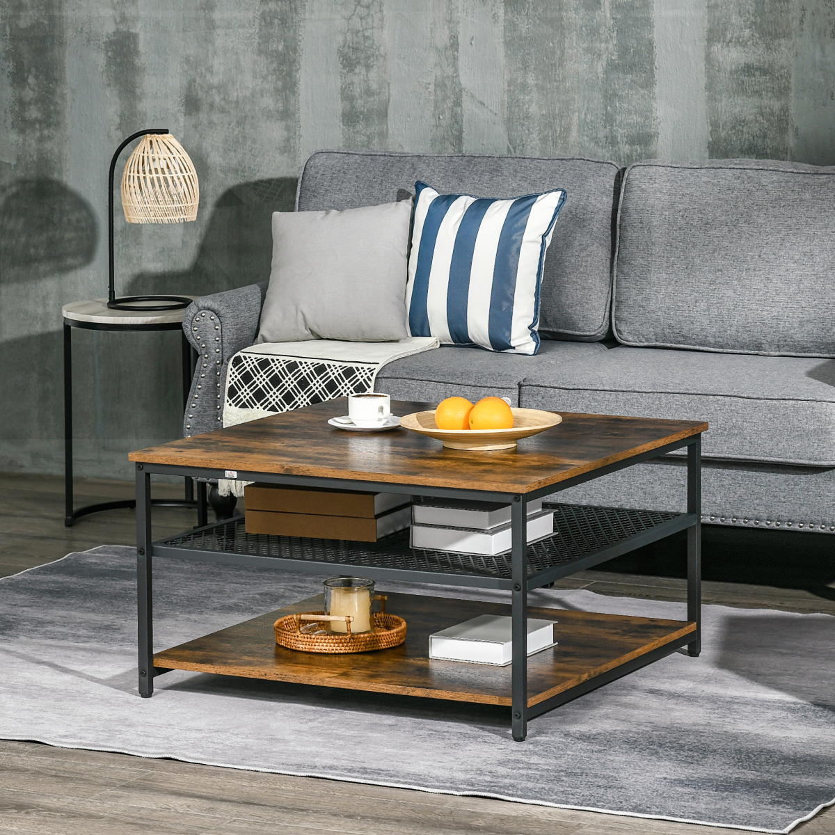HOMCOM Industrial Coffee Table, Cocktail Table  Storage Shelves, Rustic Brown