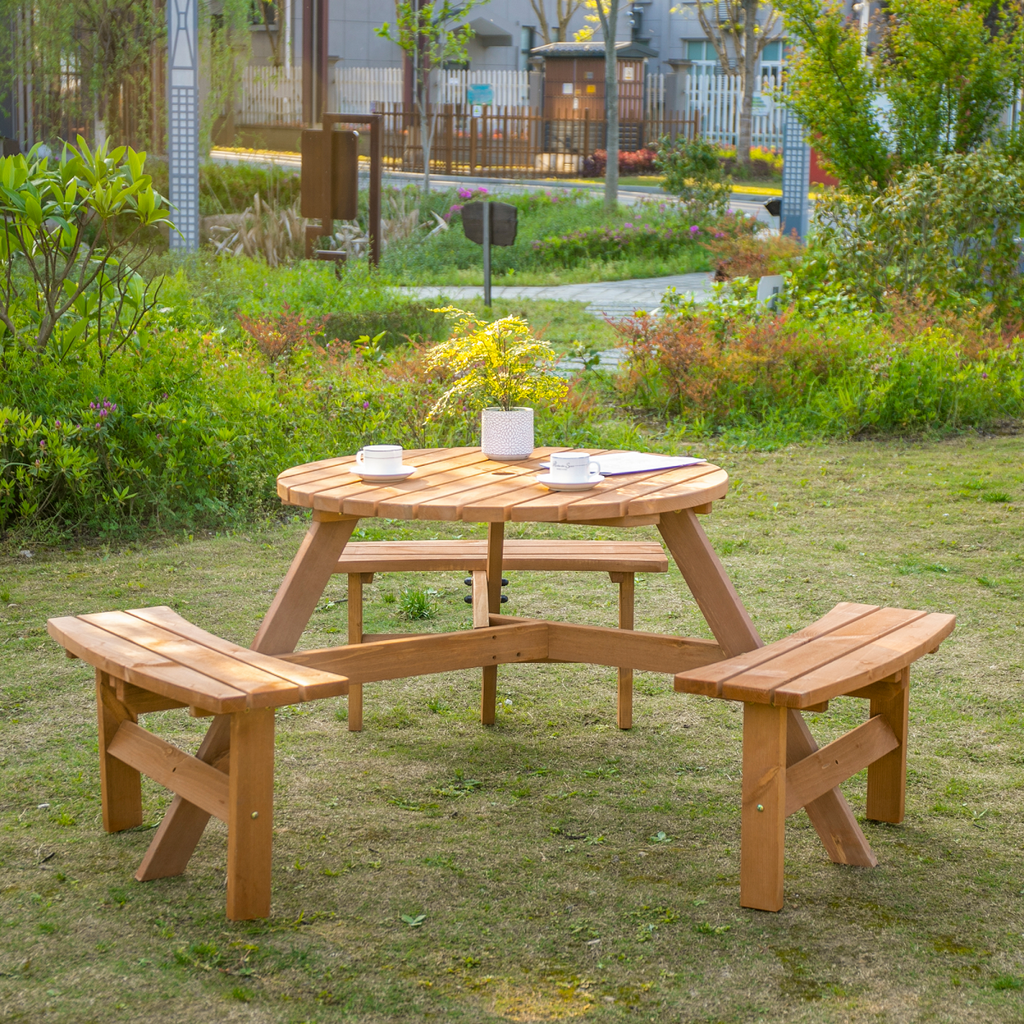 Outsunny Round Table with 3 Attached Benches-Fir Wood