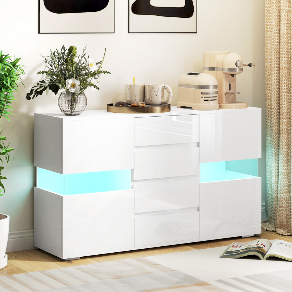 HOMCOM LED Sideboard, High Gloss Storage Cabinet with 4 Drawers, White