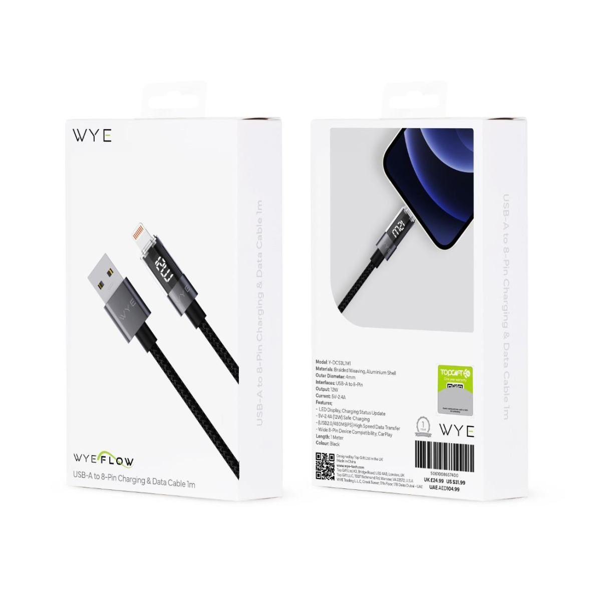 Wyeflow USB-A to 8-Pin Charging & Data Cable With LED Display 1m