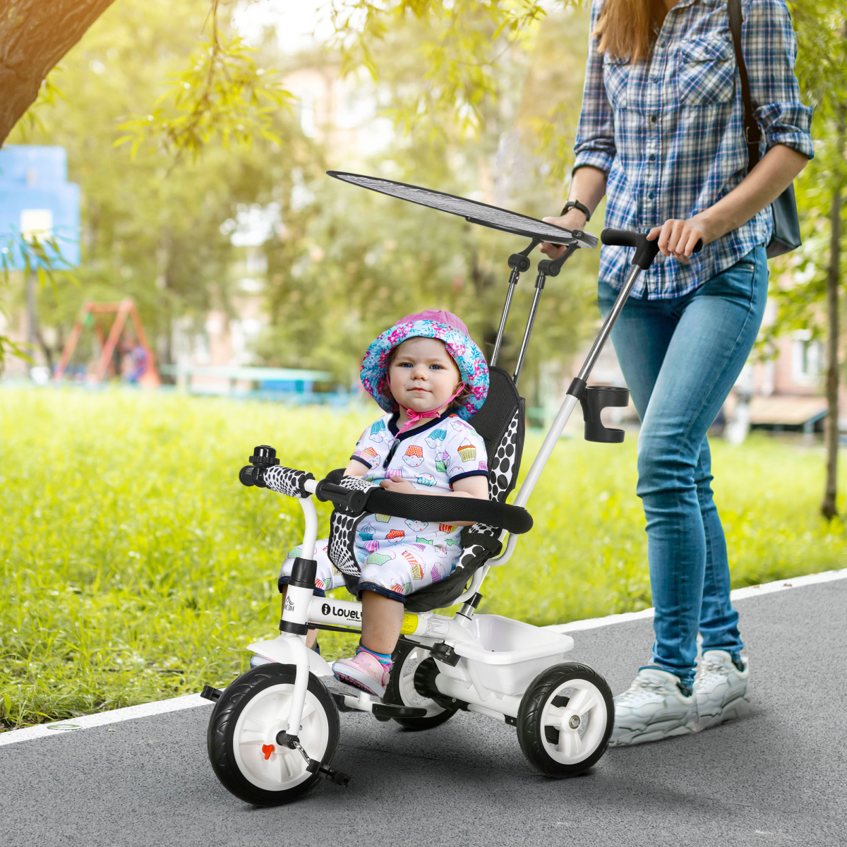 HOMCOM 6 in 1 Kids Tricycle with Removable Handle for 1.5 year, White